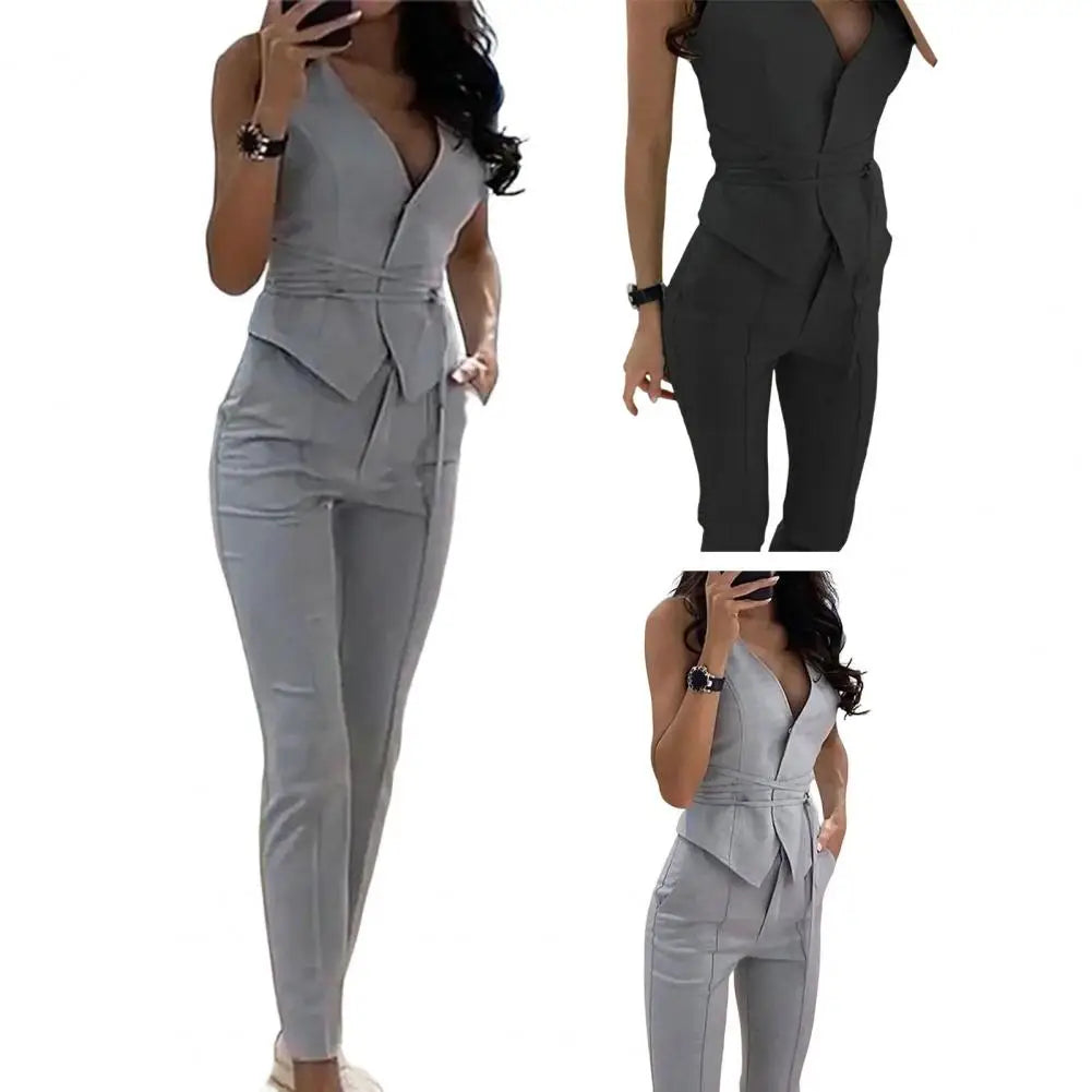 2 Pcs/Set Women Waistcoat Pants Set Tie Waist Office Lady Blazer Sleeveless Slim Fit Commute Female Summer Outfit Suit Clothes