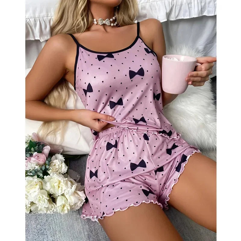 Pijamas Women Sexy Lingerie Set Sling Nightdress Silk Satin Sleepwear Floral Pinting Nightwear Homewear Tops and Shorts Pyjamas