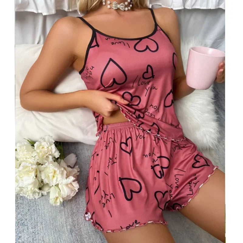 Pijamas Women Sexy Lingerie Set Sling Nightdress Silk Satin Sleepwear Floral Pinting Nightwear Homewear Tops and Shorts Pyjamas