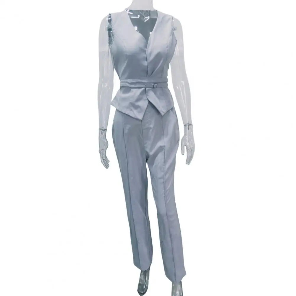 2 Pcs/Set Women Waistcoat Pants Set Tie Waist Office Lady Blazer Sleeveless Slim Fit Commute Female Summer Outfit Suit Clothes