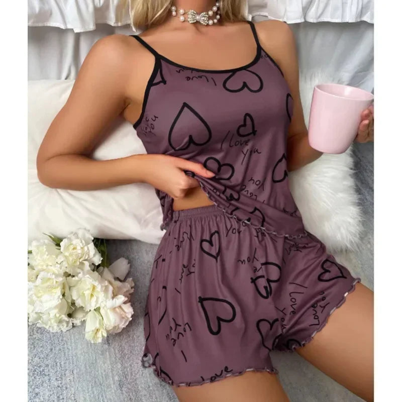 Pijamas Women Sexy Lingerie Set Sling Nightdress Silk Satin Sleepwear Floral Pinting Nightwear Homewear Tops and Shorts Pyjamas