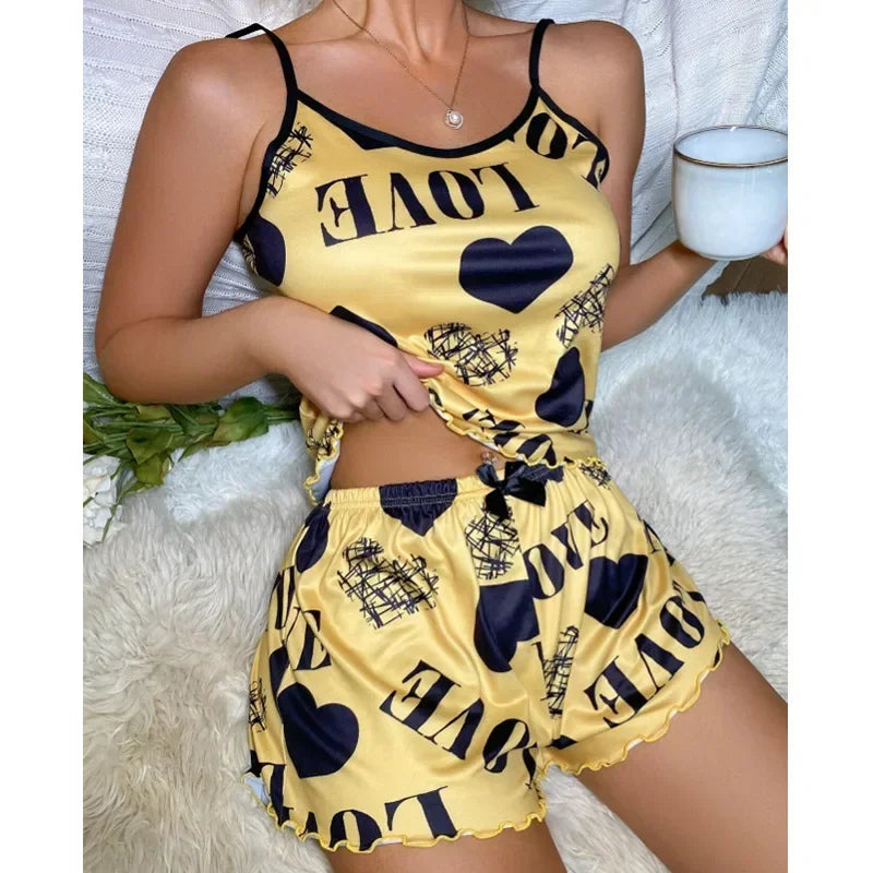 Pijamas Women Sexy Lingerie Set Sling Nightdress Silk Satin Sleepwear Floral Pinting Nightwear Homewear Tops and Shorts Pyjamas